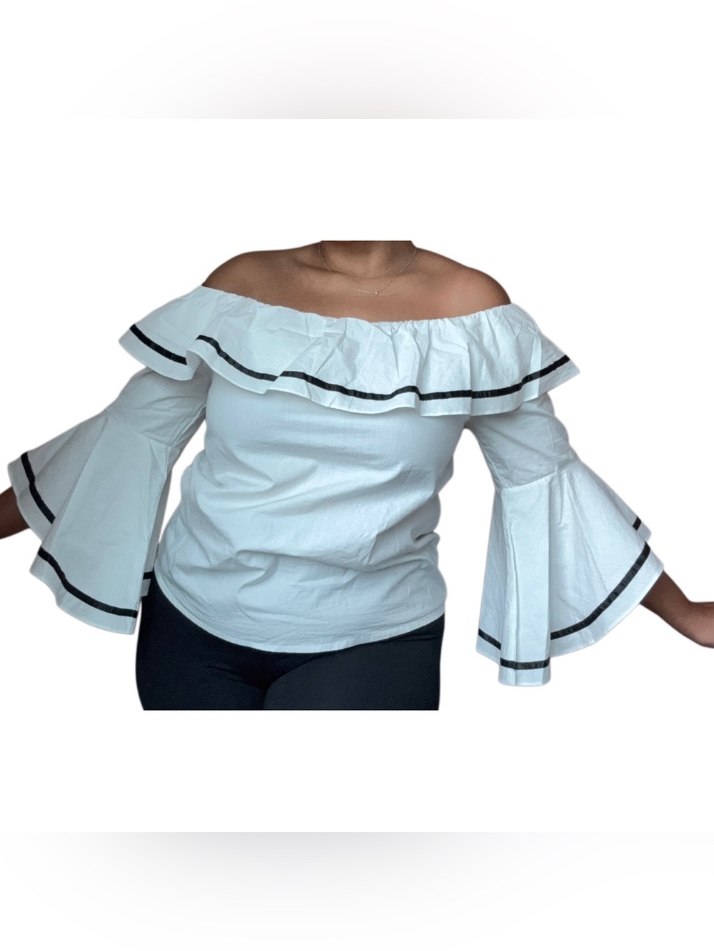 Neiman Marcus White Off Shoulder Ruffle Bell Sleeve Top Large